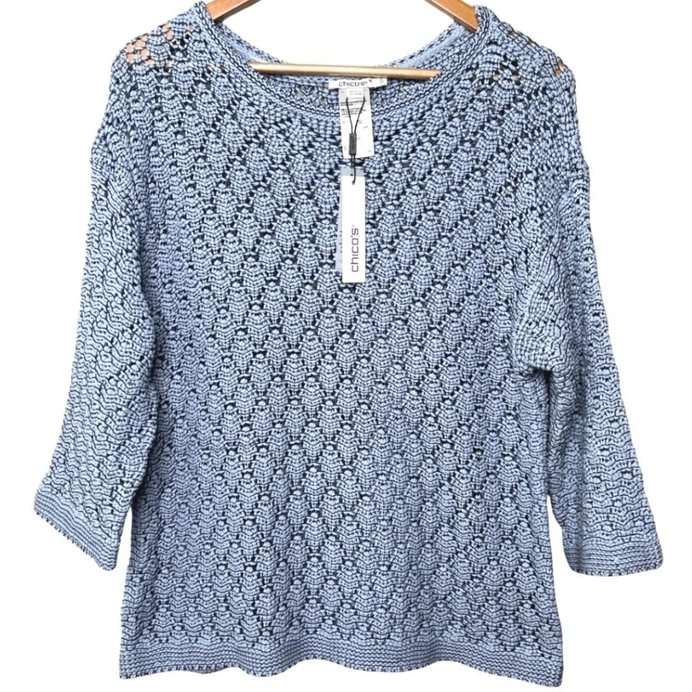 Chico's NWT Womens Crochet Pullover Sweater Denim‎ Blue Knit 3/4 Sleeve Size 2